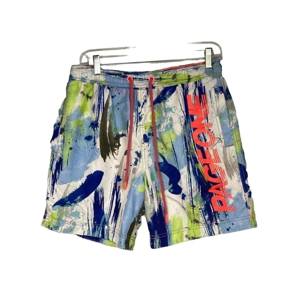 PAGE ONE Mens‎ Swim Trunks Beach Shorts Green & Blue Paint Splatter Design L